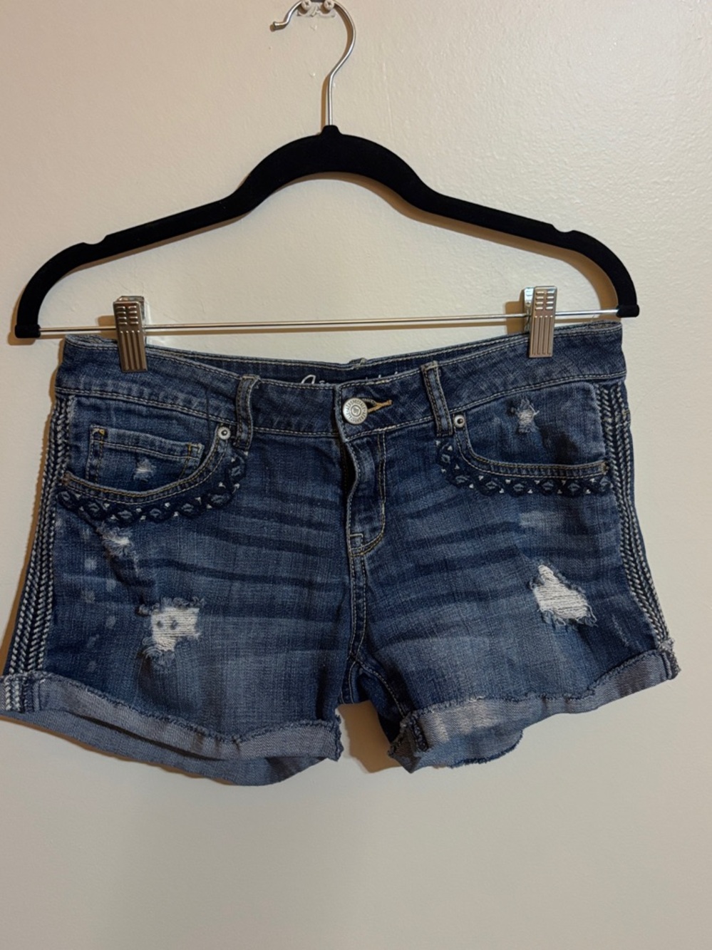 Aeropostale Dark Blue Midi Distressed Denim Shorts with Stud Trim